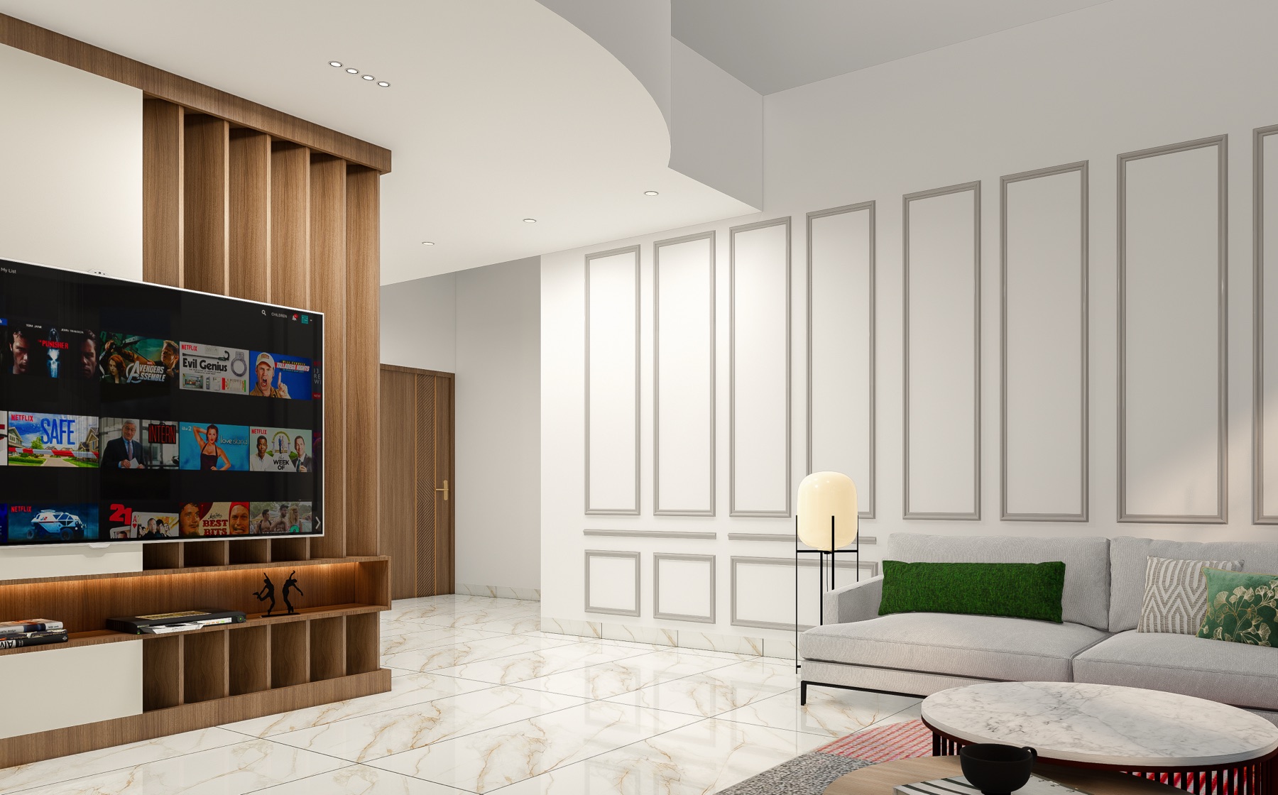 Floor plan → 3D → material palette.